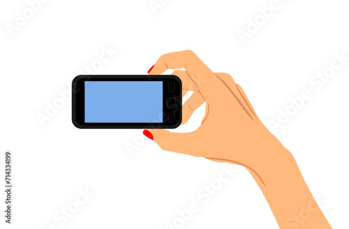 Smart mobile phone in woman hand vector illustration isolated on white background. Cell phone take a photo and send picture by internet on social network. Entertainment gadget.