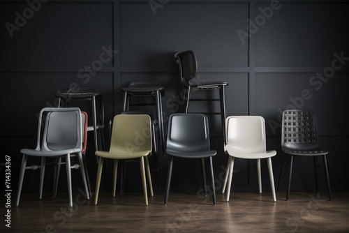 An individual chair stands out amongst a series of uniform grey chairs. Generative AI