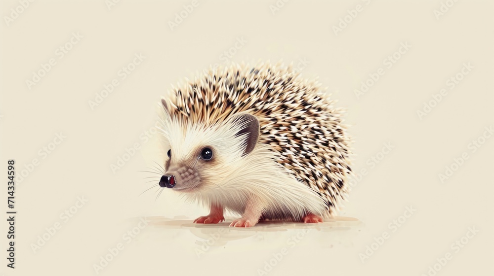 Obraz premium a small hedgehog sitting on top of a white floor next to a white wall and a black and white picture of a hedgehog sitting on top of a white floor.