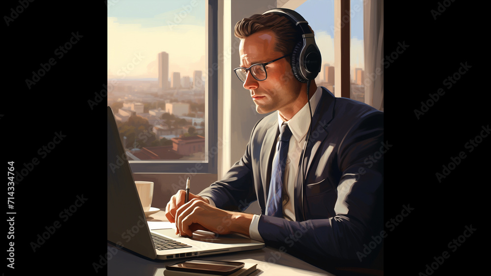 a high-quality realistic picture of a CEO sitting at his desk in his ...