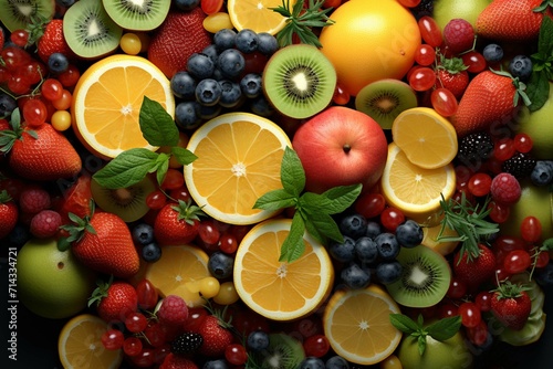 Show the vibrant colors and intricate details of a fruit platter in a top-down close-up composition.