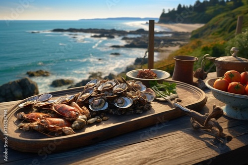  Showcase a platter of fresh seafood on a rustic wooden table overlooking a picturesque seascape