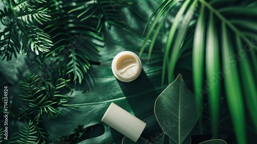  a tube of cream sitting on top of a lush green leaf covered wall next to a tube of cream on top of a tube of a tube of cream on top of a green leaf.