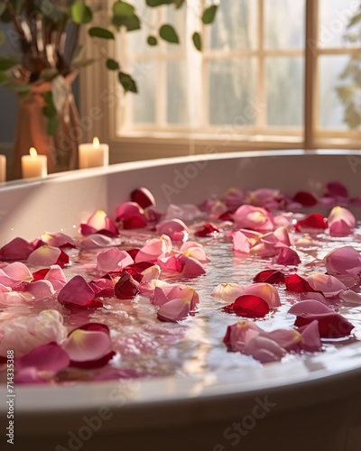 Beautiful spa composition with rose petals on water in bathtub