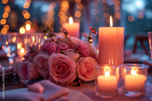 A cozy dinner table with candles and roses for a special Valentine s Day dinner  creating a romantic and intimate atmosphere.