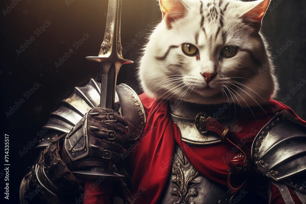 Cat Warrior / Realistic Roman Soldier Cat with Sword and Armor. Generated AI