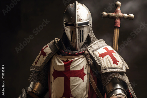 Templar Knight with helmet and Red Cross. Generated AI