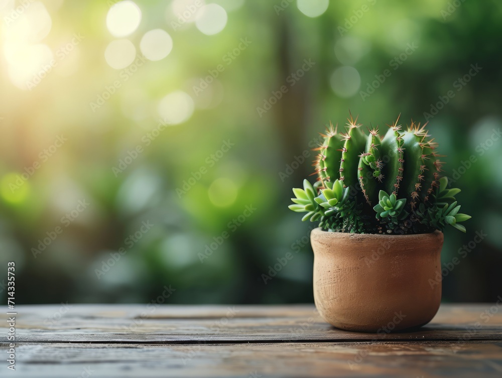 Cactus on Wooden Table Background for Interior Design AI Generated