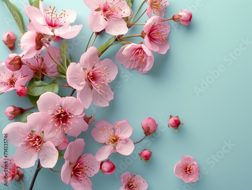 Greeting Card Template with Pink Cherry Flowers on Light Teal Blue Background AI Generated