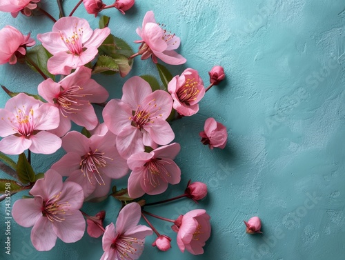Greeting Card Template with Pink Cherry Flowers on Light Teal Blue Background AI Generated
