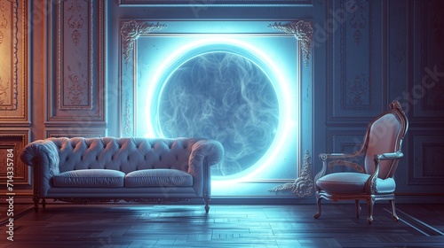 A surreal living room with an empty canvas frame, a stylish sofa, and an elegant chair, illuminated by the soft glow of a mystical portal.