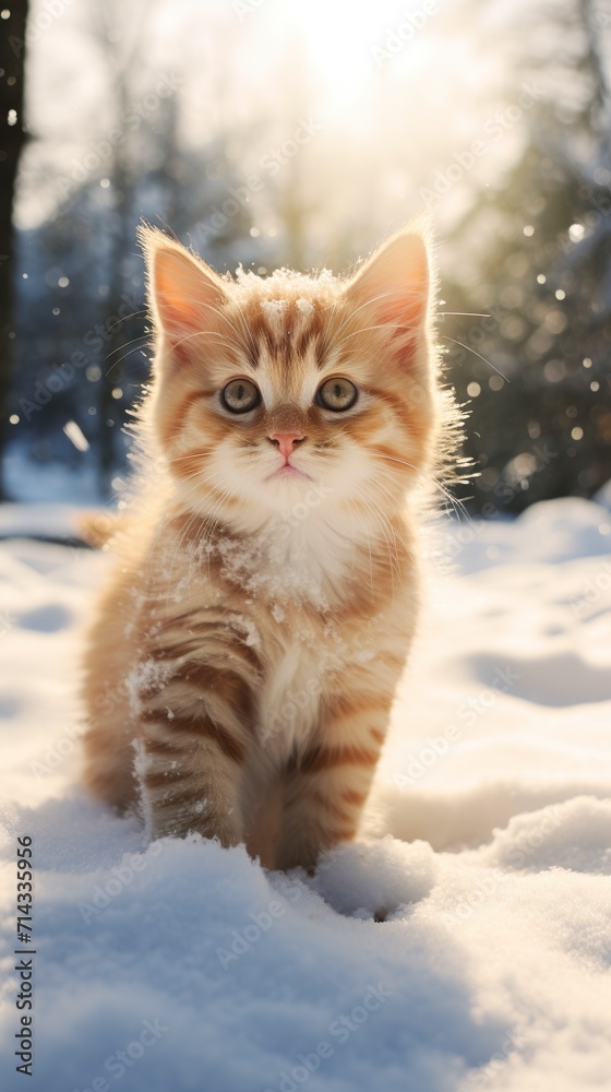 An adorable kitten dives into the icy wonders with excitement. Cat in first contact with the snow with its paws leaving footprints as it explores the terrain.