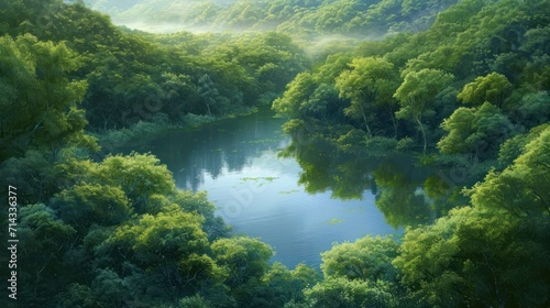  a painting of a river surrounded by trees in the middle of a forest with fog in the air and fog in the air above the water and below the water.