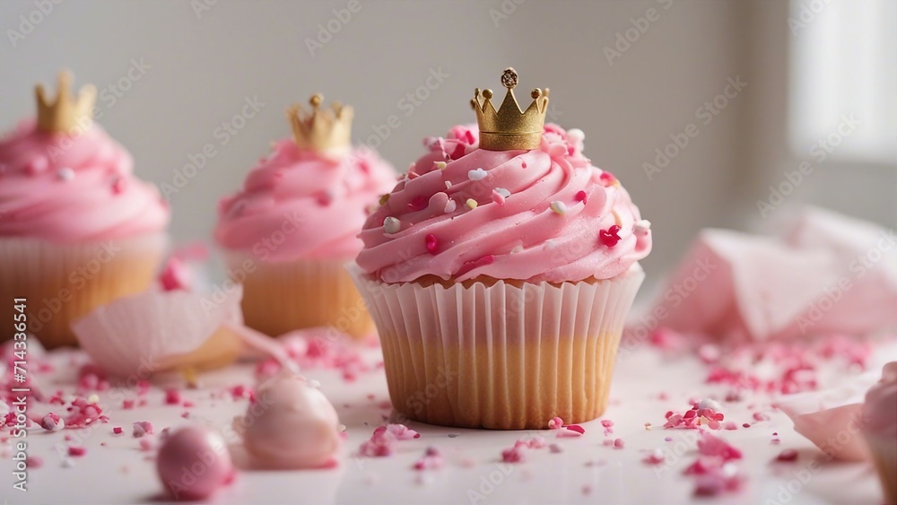 cupcake with pink icing and gold crown A festive photo of a pink cupcake with a princess crowns on top. The cupcake is in a pink  
