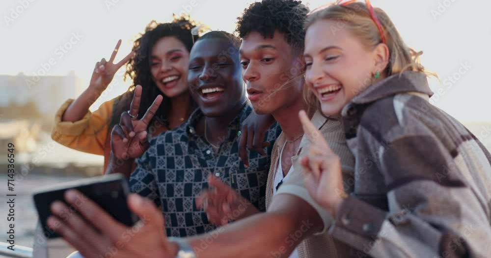 Beach, happy and selfie of friends with peace sign for bonding, relaxing and social gathering outdoors. Travel memory, fashion and men and women take profile picture on holiday, vacation and weekend