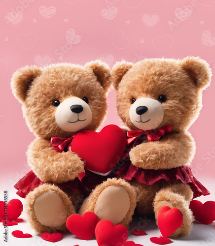 Cute Couple Of Teddy Bears Holding Heart Isolated On Pink Background. Generative AI