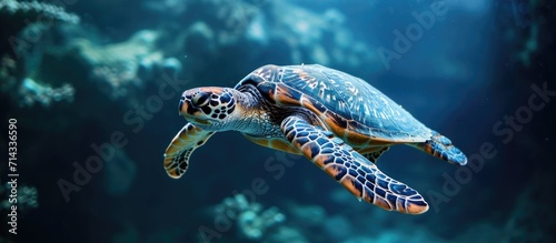 Beautiful turtle swims deep in the sea.