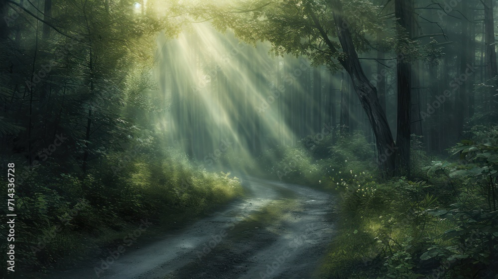  a painting of a dirt road in the middle of a forest with sunbeams shining through the trees on the other side of the dirt road is a dirt road.