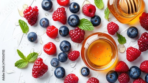 Organic honey and fresh berries setup on a white background, illustrating natural sweeteners and antioxidants photo