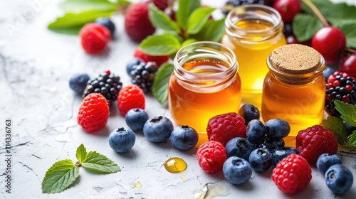 Organic honey and fresh berries setup on a white background, illustrating natural sweeteners and antioxidants