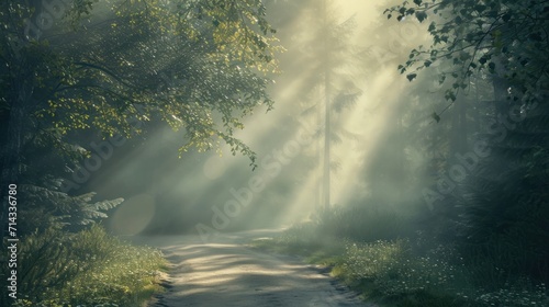  a dirt road in the middle of a forest with sunbeams coming through the trees and sunbeams coming out of the trees on either side of the road.
