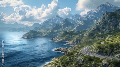  a scenic view of a winding road near a body of water with mountains in the back ground and a body of water on the side of the road in the foreground.