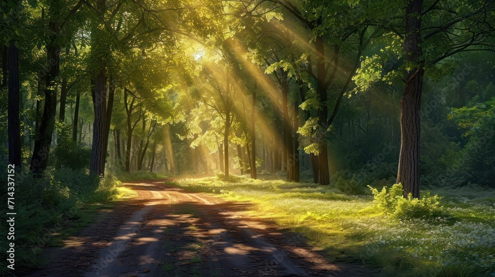 a dirt road in the middle of a forest with the sun shining through the trees on either side of the dirt road and the sun shining through the trees on the other side of the road. a dirt road in the middle of a forest with the sun shining through the trees on either side of the dirt road and the sun shining through the trees on the other side of the road.