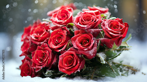 a bouquet of red roses covered in snow. Valentine s day and Winter concept