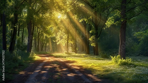  a dirt road in the middle of a forest with the sun shining through the trees on either side of the dirt road and the sun shining through the trees on the other side of the road.