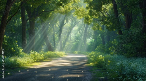  a dirt road in the middle of a forest with sunbeams shining through the trees on either side of the road is a dirt road with grass and trees on both sides.