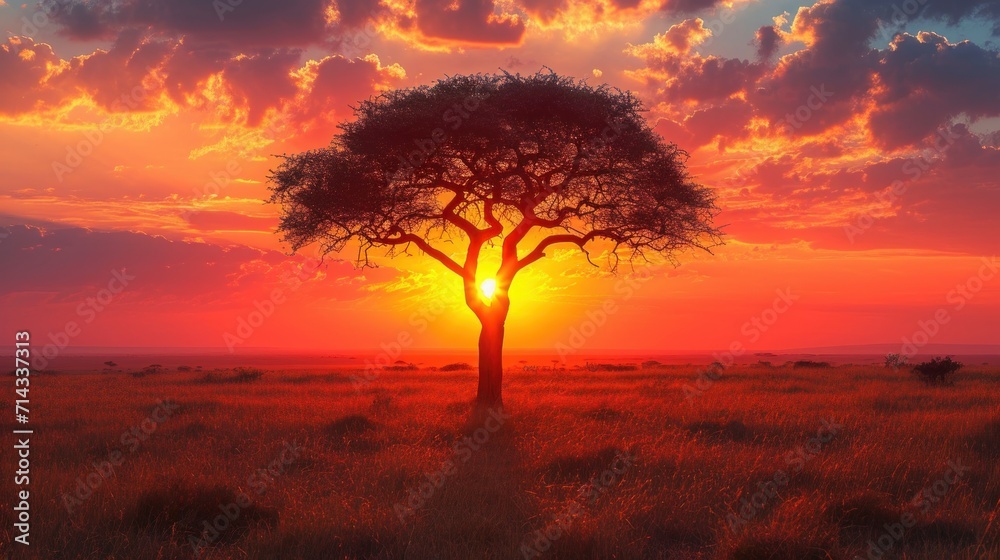 African Sunset and Silhouette of Acacia Tree