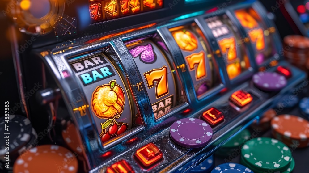 Casino Slot Machine with Bright Symbols and Poker Chips
