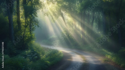  a dirt road in the middle of a forest with sunbeams shining through the trees on either side of the road is a winding dirt road with trees on both sides.
