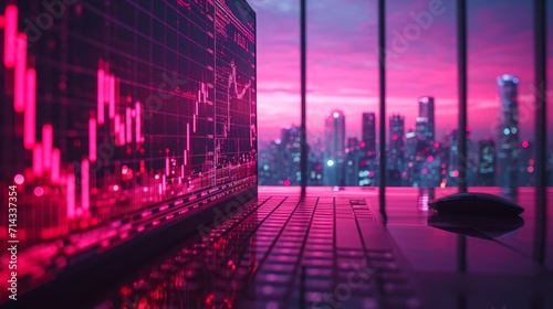 conceptual image of glowing stock market charts on computer monitors with a view of a city skyline in a purple dusk