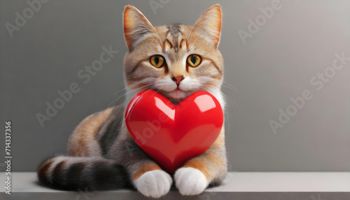 A red 3d heart in the paws of a cat. San valentine day.