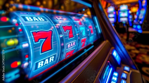 Close-up of a slot machine display with colorful gambling icons and scattered poker chips