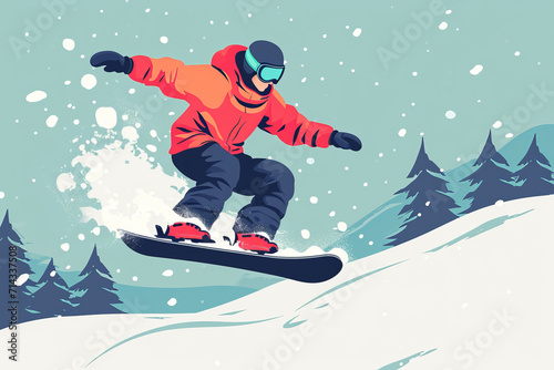 snowboarder jumping on the slope, flat illustration in colours pink and blue.