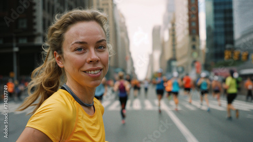 Woman participating in a city marathon. A group of individuals running in a running competition. Urban city lifestyle. Embracing healthy living within the fitness community photo