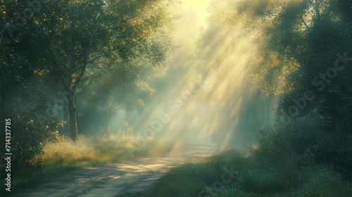  a painting of sunbeams shining through the trees onto a dirt road in the middle of a wooded area with grass and trees on both sides of the road.