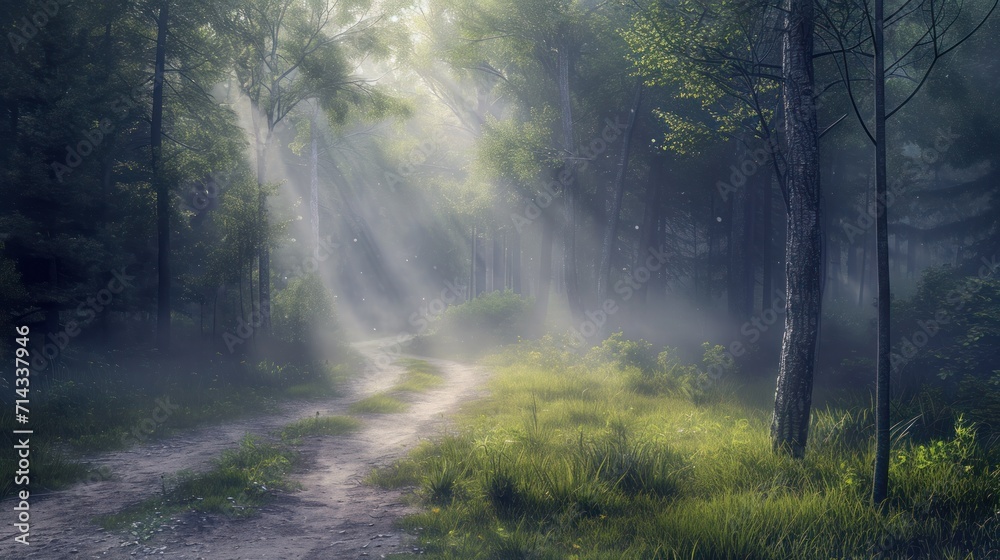 a dirt road in the middle of a forest on a foggy day with sunbeams coming through the trees and sunbeams shining through the trees on the ground. a dirt road in the middle of a forest on a foggy day with sunbeams coming through the trees and sunbeams shining through the trees on the ground.
