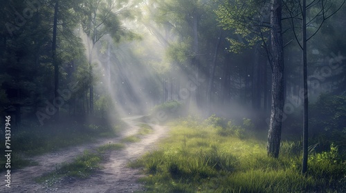  a dirt road in the middle of a forest on a foggy day with sunbeams coming through the trees and sunbeams shining through the trees on the ground.