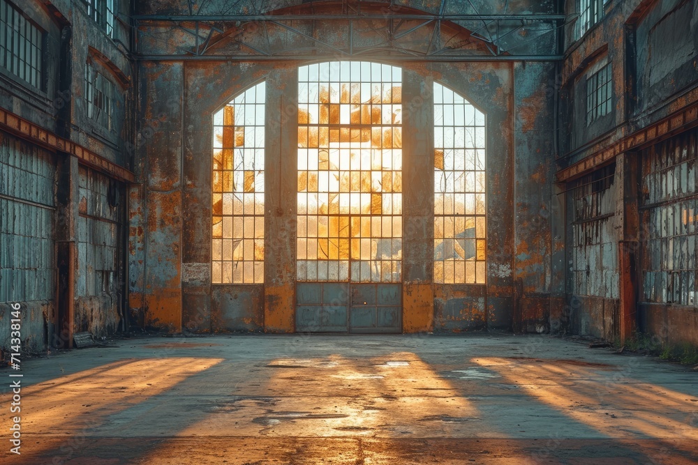 Warm sunlight floods through tall windows in an abandoned industrial setting Warm sunlight floods through tall windows in an abandoned industrial setting