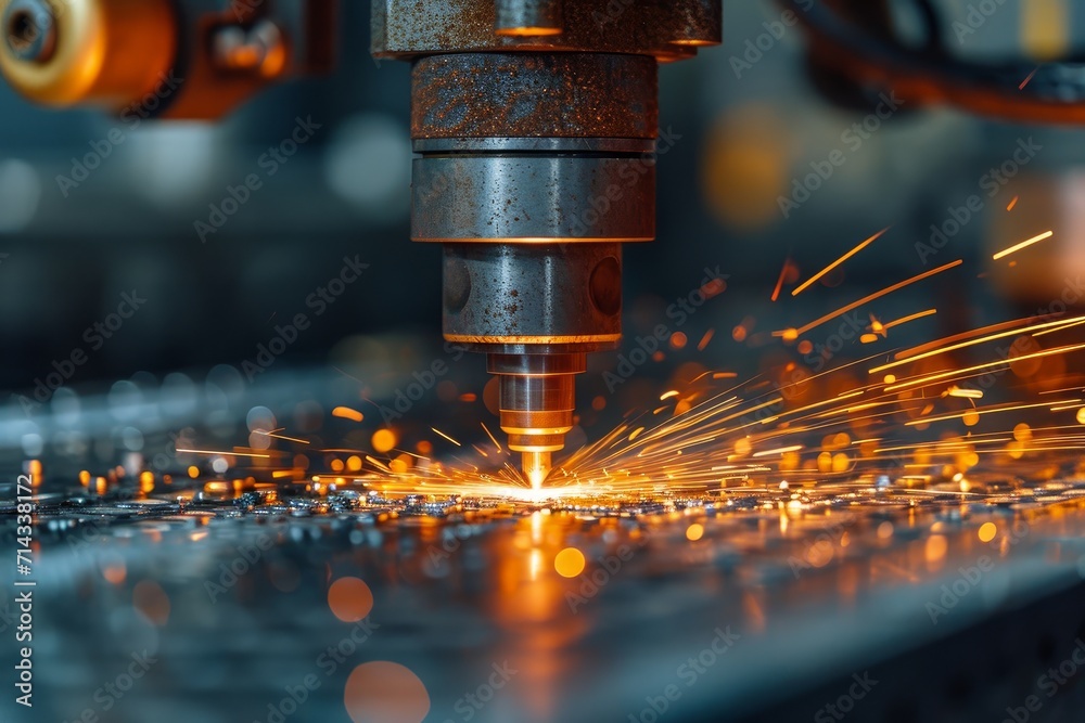 In an industrial setting, the laser machine precisely cuts the steel sheet, generating sparks in a high-tech demonstration