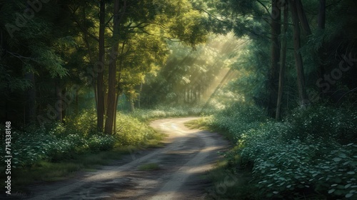  a painting of a dirt road in the middle of a forest with sun rays coming through the trees on either side of the road is a dirt road with grass and trees on both sides.