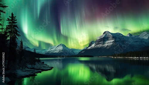 View of night sky with aurora borealis and mountain peak background. Night glows in vibrant aurora reflection on the lake with forest. © Virgo Studio Maple