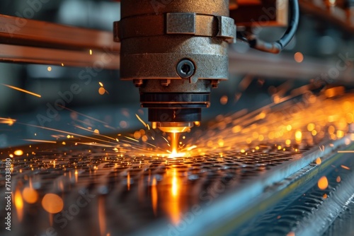 Luminous sparks fly as the industrial laser precisely cuts the steel sheet, showcasing engineering excellence