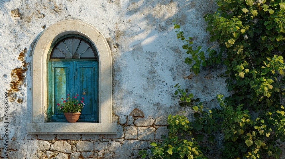 Fototapeta premium a window with a potted plant next to it on the side of a building with a blue door and window sill on the side of the building with a green door.
