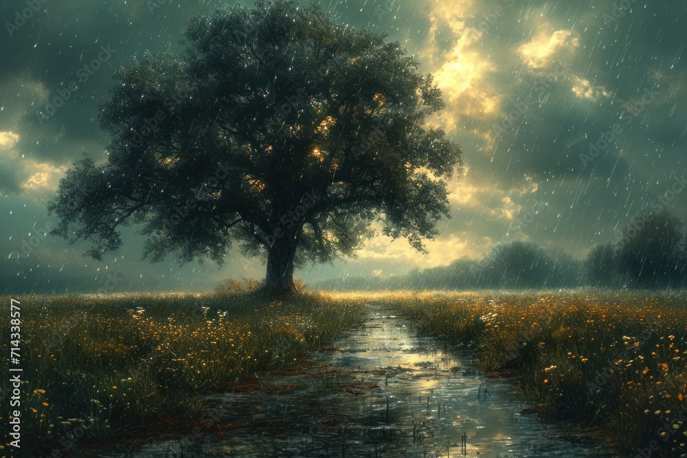 Magical scene of a solitary tree in a misty field with fireflies at dusk, depicting serenity and wonder Magical scene of a solitary tree in a misty field with fireflies at dusk, depicting serenity and wonder