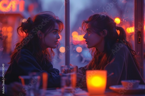 Two women in a heartfelt discussion, illuminated by vibrant neon lighting in a night setting