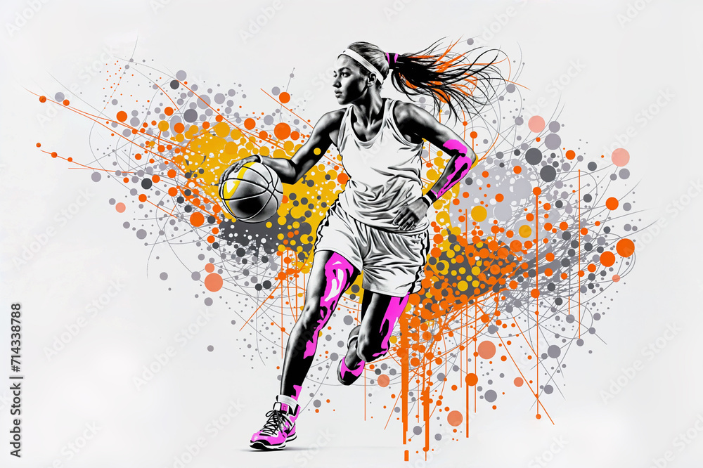 A woman basketball player dribbles a ball while wearing a white jersey. She has a ponytail and is shown from the waist up. The background is a white field with splatters of orange, pink, and gray.